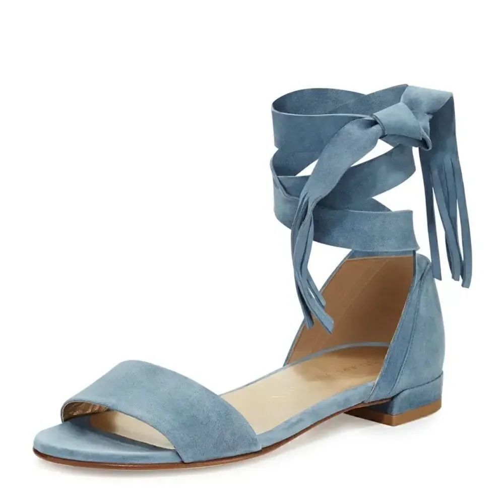 Stuart Weitzman “Corbata” Blue Suede Wrap Sandals